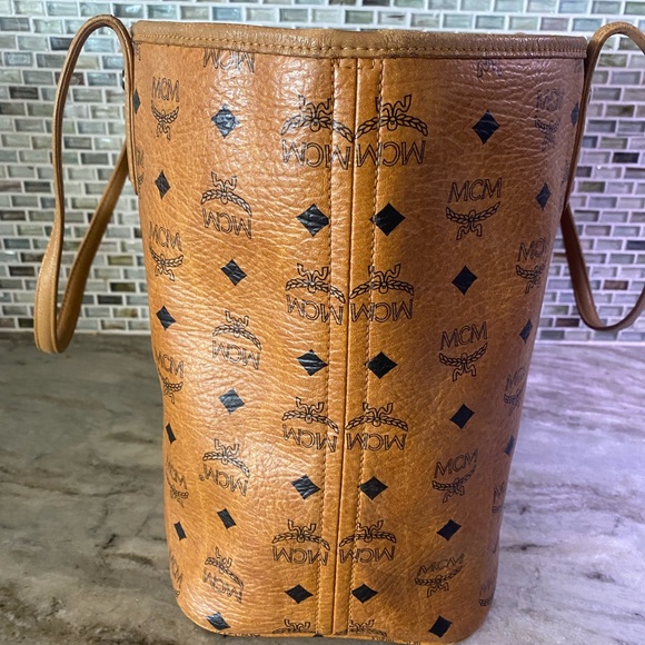 MCM Cognac Visetos Monogram Green Stripe Liz Shopper Tote - Picture 5 of 13